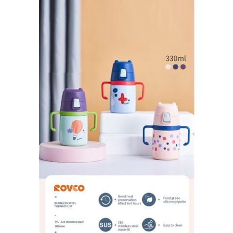 Rovco Çocuk Boyun Askılı 330 ml Pipetli Paslanmaz Çelik Termos 3 Renk Pembe