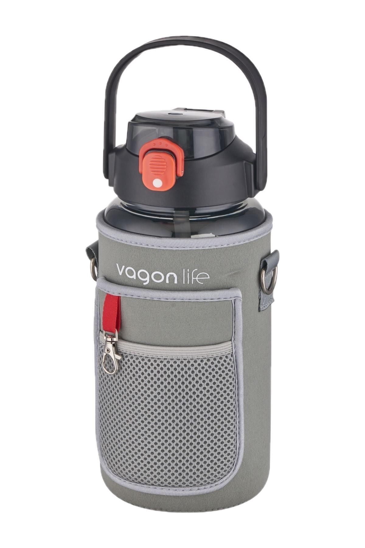 Vagonlife VGN2115 Kılıflı ((telefon Koyma Yeri)) Taşıma Askılı 1500 Ml Pipetli/pipetsiz Kullanım Su Matarası Gri